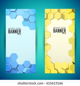 Abstract geometric mosaic vertical banners with blue and yellow 3d hexagons in honeycomb style isolated vector illustration