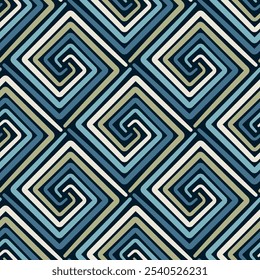 Abstract geometric motif with concentric spiral squares in a retro-style design and vintage colors. Seamless repeating pattern. Vector illustration.