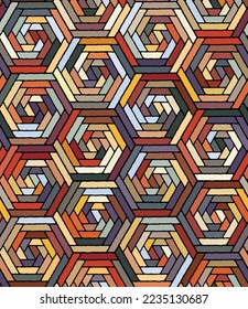 Abstract geometric motif made with multicolor small tiles in the shapes of hexagons. Seamless repeating pattern. Striped mosaic style. Great as a background or texture. Vector image.