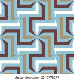Abstract geometric motif with a retro composition of white and brown spiral lines on a light blue background. Seamless repeating pattern. Vector illustration.