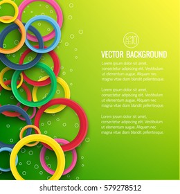 Abstract geometric motion template with text and colorful rings and bubbles on green background vector illustration
