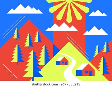 Abstract geometric mountain landscape in bright retro vivid colors