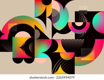 Abstract geometric multicolored poster. Art background of circles, squares, sector and colorful elements.