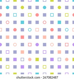 Abstract geometric multicolored seamless pattern with squares and circles on white background. Vector