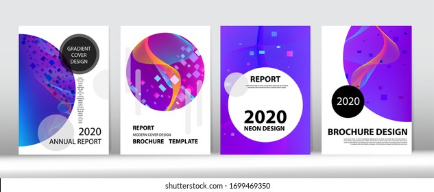 Abstract Geometric Music Magazine Computing Gradient Overlay. Modern Covers Set. Big Data Tech Neon Background. 3D Fluid Shapes Trendy Cover Layout. Purple Pink Blue Punk Vector Cover Design.