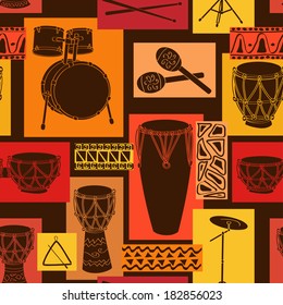 Abstract geometric musical seamless pattern of drum and percussion sets