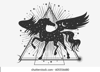 Abstract geometric mystical symbol with pegasus, stars and moon.Tribal hipster print for t-shirt, tattoo design. Bohemian spirituality art. Vector