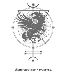 Abstract geometric mystical symbol with pegasus silhouette, stars and moon.Tribal hipster print with arrows for t-shirt, tattoo design. Bohemian spirituality art. Vector