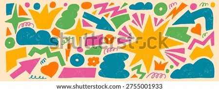 Abstract geometric naive shapes drawn with crayon or marker. Stars, crowns, arrows vector figures with colorful pencil texture. Organic playful stickers on beige background. Graphic hand-drawn element