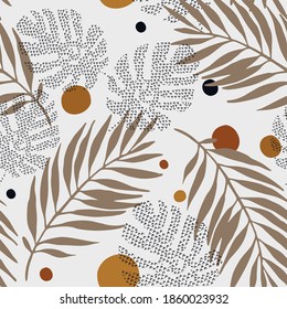 Abstract geometric, natural shapes in minimal nordic style. Modern seamless pattern with tropical leaves, geo elements for minimalist art print, textile, boho wallpaper decor. Vector illustration