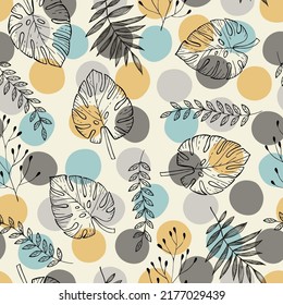 Abstract geometric, natural shapes in minimal style. Modern seamless pattern with tropical leaves for minimalist art print, textile, boho wallpaper decor. Vector illustration