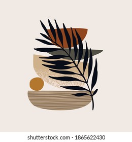 Abstract geometric, natural shapes in nordic style. Modern illustration with tropical palm leaf, geo elements for minimalist print, poster, boho wall decor, flat design Vector minimal design