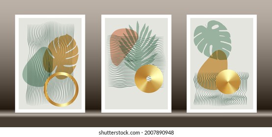 Abstract geometric, natural shapes poster set in mid century style. Modern illustration: tropical palm leaf, geo elements for minimalist print, poster, boho wall decor, flat design Vector minimal art
