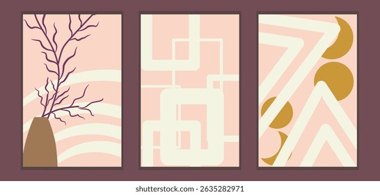 Abstract geometric, natural shapes poster set in mid century style. Creative minimalist hand draw Abstract art background. Bohemian style Collection of contemporary artistic Design