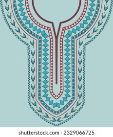 Abstract geometric neckline pattern design. The neckline embroidery design is in an ethnic African pattern style for a kaftan dress. The vibrant symmetry pattern design for the Dashiki shirt.