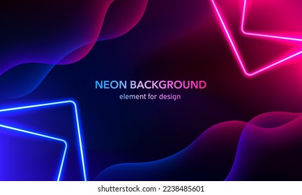 Abstract geometric neon background. Lights line, luminous squares with neon blue and pink.