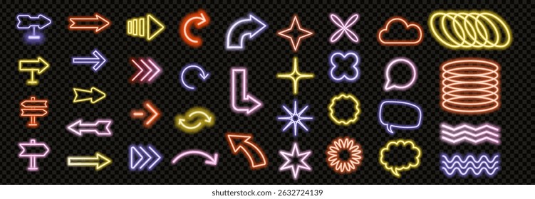 Abstract geometric neon shapes, arrows and grids. Contemporary figure elements star oval spiral flower.