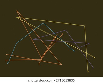Rede geométrica abstrata de linhas coloridas de interseção e nós contra um fundo manchado escuro.