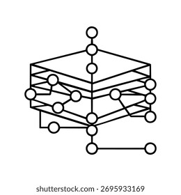 An abstract geometric network diagram featuring interconnected nodes arranged in layers, representing a complex system or data flow. Isolated on a clean white background for versatile use.