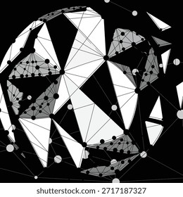 Abstract geometric network sphere, a futuristic data connection or digital global structure with interconnected nodes and polygons, representing technology, communication, or information systems.