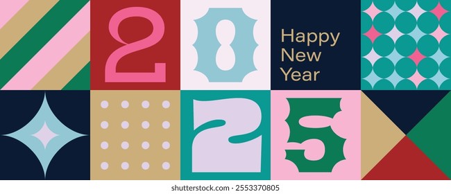 Abstract geometric New Year 2025 design with bold shapes and colorful patterns. Digital illustration for holiday greeting cards, banners, and posters.