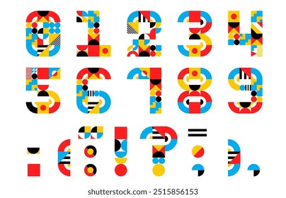 Fuente de números geométricos Abstractas, signos de puntuación de tipografía de Vector de tipo moderno. Números de geometría de color y tipografía de símbolos con un patrón geométrico creativo de Formas circulares, cuadradas y triangulares