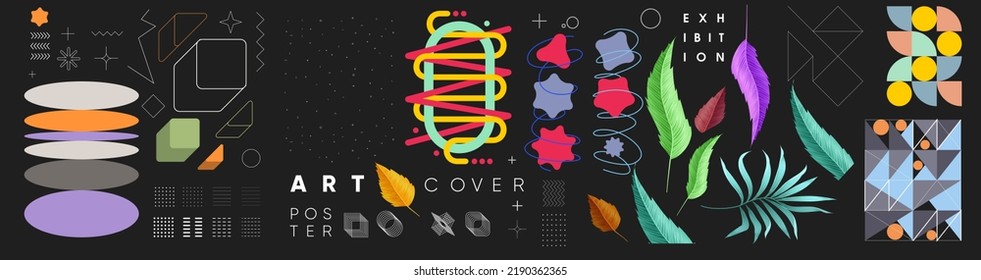 Abstract geometric objects, tropical plants. Set of elements for design. Vector illustrations. Bauhaus style and floral elements. 