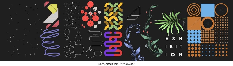 Abstract geometric objects, tropical plants. Set of elements for design. Vector illustrations. Bauhaus style and floral elements. 