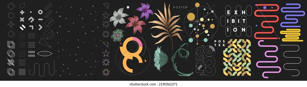 Resumen de objetos geométricos, plantas tropicales. Conjunto de elementos para el diseño. Ilustración vectorial creativa. Estilo Bauhaus y elementos florales. 