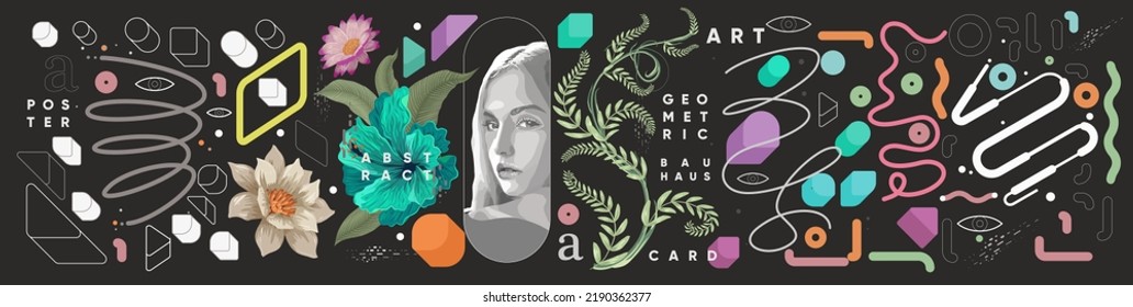 Abstract geometric objects, tropical plants, vector portrait of a girl. Set of art elements for design. Vector illustrations. Bauhaus and Memphis style.