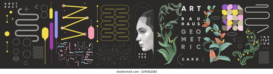 Abstract geometric objects, tropical plants, vector portrait of a girl. Set of art elements for design. Bauhaus and Memphis style. Creative concept. Vector drawing. 