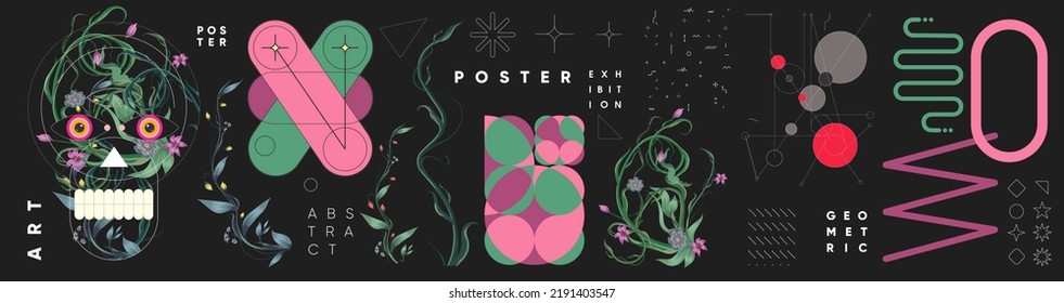 Abstract geometric objects, tropical plants. Set of elements for design. Vector illustrations. Bauhaus style and floral elements. 