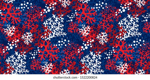 Abstract geometric ocean coral seamless pattern for background, wrap, fabric, textile, wrap, surface, web and print design. Red and blue marine vector rapport.
