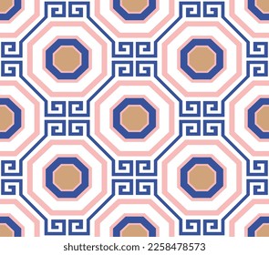 Abstract Geometric Octagon Seamless Vector Pattern Interior Luxury Style Minimal Design Perfect for Allover Fabric Print or Wall Paper Royal Blue Pastel Pink Tones