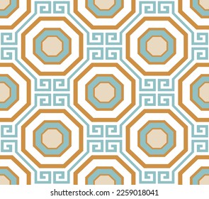Abstract Geometric Octagon Seamless Vector Pattern Interior Luxury Style Minimal Design Perfect for Allover Fabric Print or Wall Paper Mustard Yellow Pastel Blue Tones