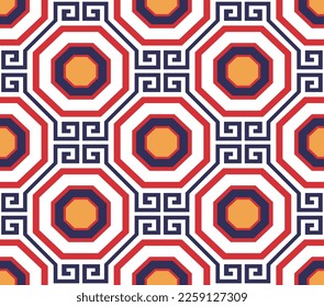 Abstract Geometric Octagon Seamless Vector Pattern Interior Luxury Style Minimal Design Perfect for Allover Fabric Print or Wall Paper Red Navy Blue Tones