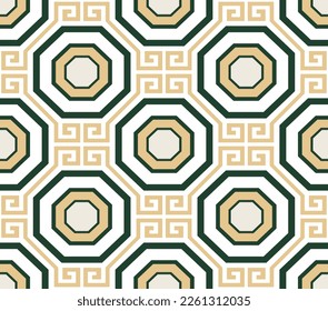 Abstract Geometric Octagon Seamless Vector Pattern Interior Luxury Style Minimal Design Perfect for Allover Fabric Print or Wall Paper Dark Green Ecru Tones