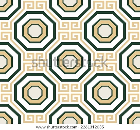 Abstract Geometric Octagon Seamless Vector Pattern Interior Luxury Style Minimal Design Perfect for Allover Fabric Print or Wall Paper Dark Green Ecru Tones