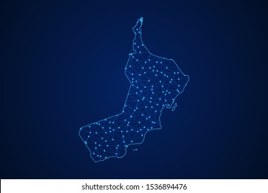 Geométrica abstracta de Oman mapa línea, estructura y escalas poligonales en fondo azul oscuro con luces y puntos. Ilustración vectorial, pasos 10.