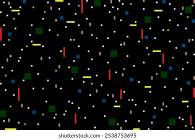 Abstract geometric on a black background. Freestyle drawing of small square and rectangle with green, yellow, red, white, and brown. Minimal shape, visual, and pixel art concepts for festival poster.