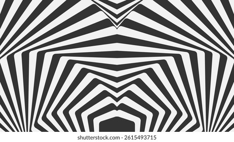 Abstract geometric op-art pattern. Featuring bold black and white converging lines in perfect symmetry, creates a powerful optical illusion and sense of depth