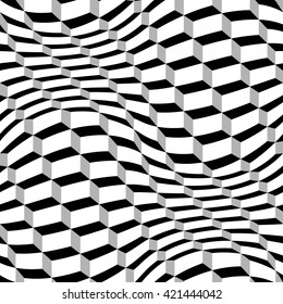 Abstract geometric optic illusion wallpaper. Vector seamless black and white pattern.