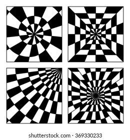Abstract geometric optical illusion backgrounds set. Four patterns in black and white. Graphic design element for web sites, printables, corporate identity, fabric, cards and invitations, scrapbooking