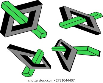 Ilusão óptica geométrica abstrata apresentando formas de triângulos impossíveis com elementos 3D verdes e cinzas, design surreal moderno para conceitos criativos.
