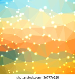 Abstract geometric orange background consisting of colored triangles with lights in corners. Low poly square format pattern.
