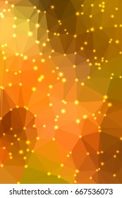Abstract geometric orange background consisting of colored triangles with lights in corners. Vertical format.