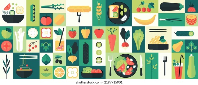 Abstract geometric organic vegetable food background. Fruits and vegetables, cold drinks, kitchen plants, noodles and salad, geometry farm eating, healthy lifestyle. Vector flat icons