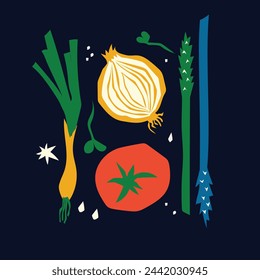 Abstract geometric organic vegetable food background. Vegetables, kitchen plants, farm eating, healthy lifestyle. Trendy Groovy Abstract paper cut elements for social media, postcards, print.