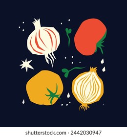 Abstract geometric organic vegetable food background. Vegetables, kitchen plants, farm eating, healthy lifestyle. Trendy Groovy Abstract paper cut elements for social media, postcards, print.