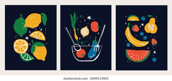 Abstract geometric organic vegetable food background. Vegetables, fruits, kitchen plants, farm eating, healthy lifestyle. Trendy Groovy Abstract paper cut elements for social media, postcards, print.